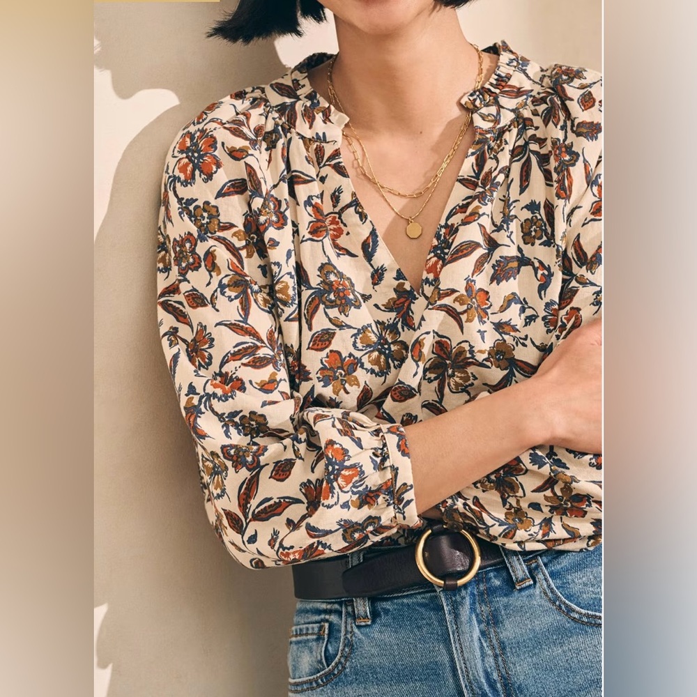 Faherty Floral Blouse in Cream and Orange